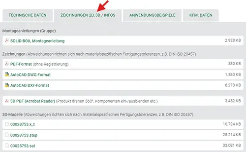 Register "ZEICHUNGEN 2D, 3D / INFOS" auf der Produktseite