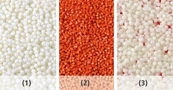 Beispiel Kunststoffgranulat als Naturmaterial (1), extrudiert eingefärbt (2) und als Farbbatch (3)