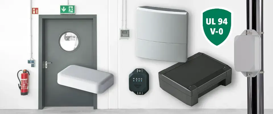 Selection of standard enclosures manufactured from UL 94 V-0 flame-retardant plastic